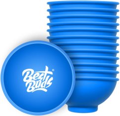 Best Buds Silikon blandeskål 7 cm, blå med hvit logo (12 stk/pose)
