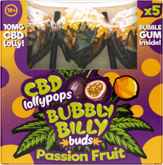 Bubbly Billy Buds 10 mg CBD близалки с маракуя с дъвка вътре – подаръчна кутия (5 близалки), 12 кутии в кашон