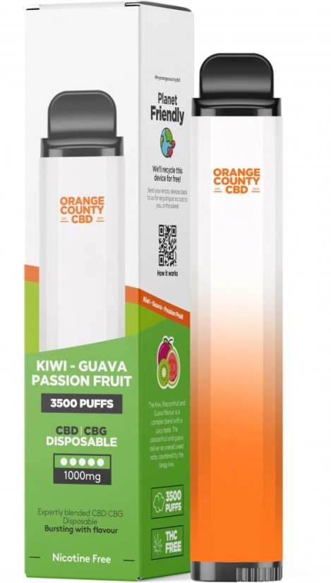 Orange County CBD Vape pildspalva Kivi - Guava & Passion Fruit 3500 Puff, 600 mg CBD, 400 mg CBG, 10 Jr