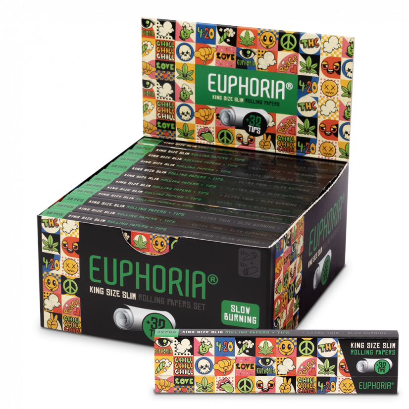 Euphoria Groovy Rolling Papers Kingsize Slim + Filters - Display Box of 24 packs with filters