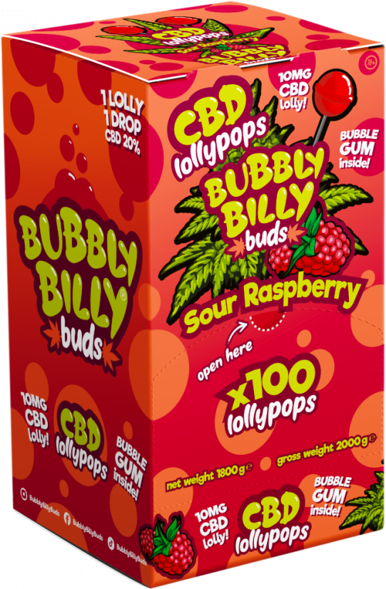 Bubbly Billy Buds 10 mg CBD Kwaśne lizaki malinowe z gumą balonową w środku – opakowanie ekspozycyjne (100 lizaków)