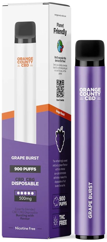 Orange County CBD Vape Pen Grape Burst, 250 mg CBD + 250 mg CBG, 2ml