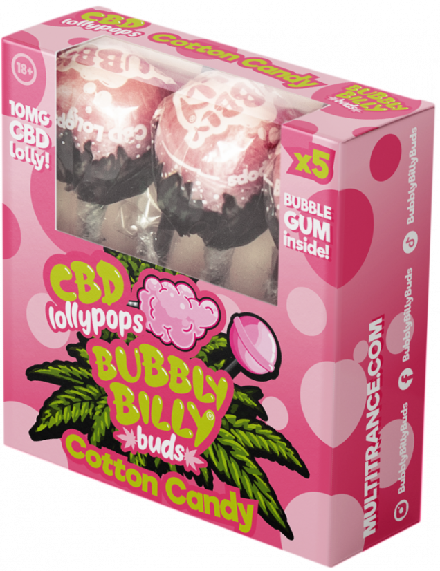 Bubbly Billy Buds 10 mg CBD Cotton Candy Lollies with Bubblegum Inside – Gift Box (5 Lollies), 12 boxes in carton
