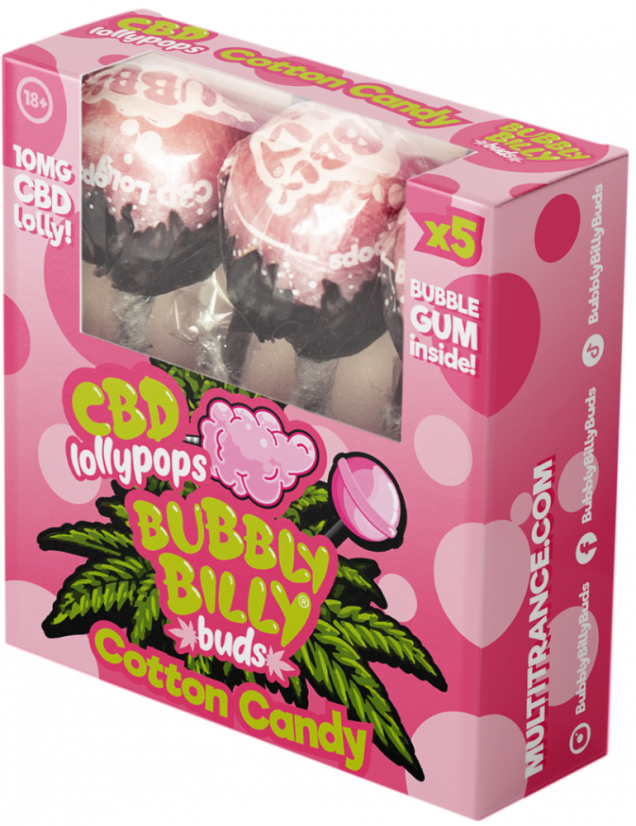 Bubbly Billy Buds 10 mg CBD Wata cukrowa Lollies z gumą balonową w środku – Pudełko upominkowe (5 lizaków), 12 pudełek w kartonie