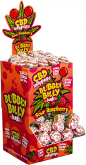 Bubbly Billy Buds 10 mg CBD kyslé malinové lízanky s žuvačkou vo vnútri – nádoba na displej (100 lízaniek)