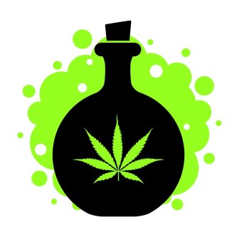 Ikona láhve se zeleným listem konopí a zeleným kouřem na bílém pozadí