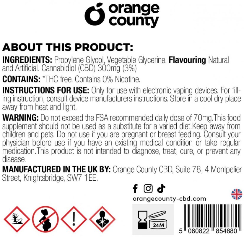 Orange County CBD E-Fljótandi jarðarber og lime, CBD 300 mg, 10 ml