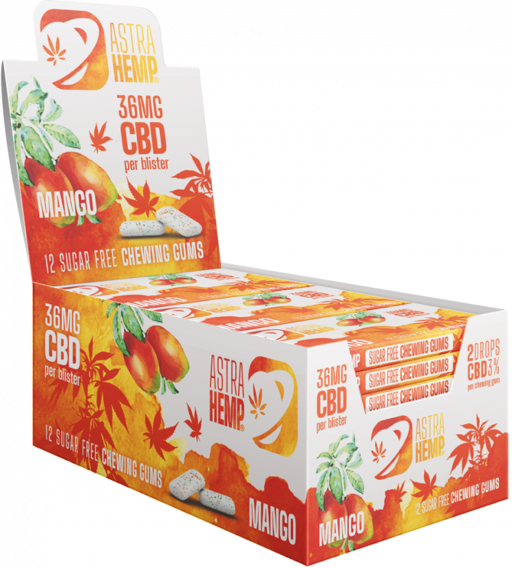 Žuvačka Astra Hemp Mango (36 mg CBD), 24 krabičiek na displeji