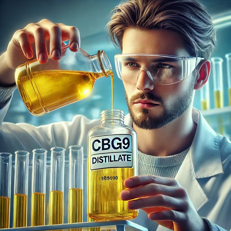 Ein Wissenschaftler gießt die flüssige Form von CBG9 in eine Flasche mit der Aufschrift: CBG9-Destillat