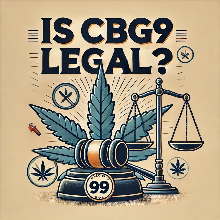 Text: Ist CBG9 legal? Unten sehen Sie ein Cannabisblatt, ein Richterprotokoll und eine Waage, ein Konzept für den rechtlichen Status von CBG9