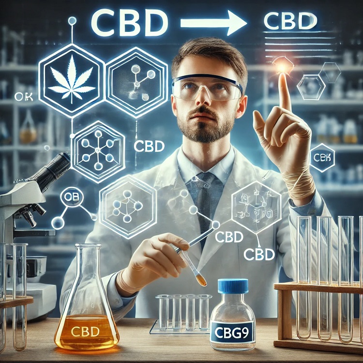 Konzept eines Labors, in dem sich ein Wissenschaftler befindet und vor ihm ein Behälter mit CBD, aus dem CBG (halb)synthetisch hergestellt wird9