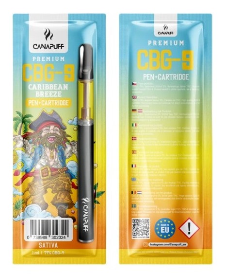 CanaPuff vape penni CBG9 og hylki með CBG9 eimingu í Caribbean Breeze bragði í 79% CBG9 styrk